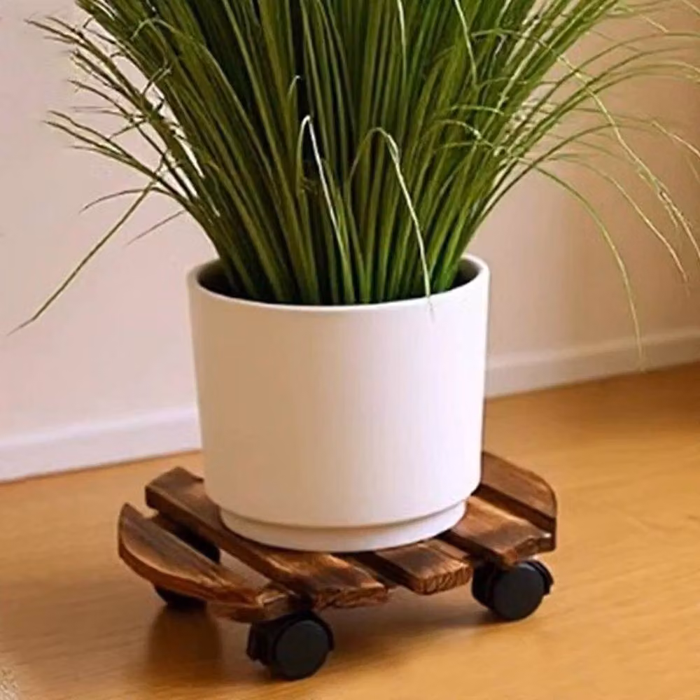 FLAVORA Heavy Duty Wooden Plant Pot Caddy Mover Trolley, 2 Pieces, Brown – 3