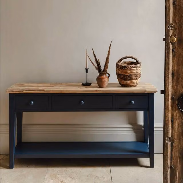Statement Furniture Florence Large Console Table with 3 Drawers and Shelf in Blue, W/D/H: 143 x 32.5 x 76 cm