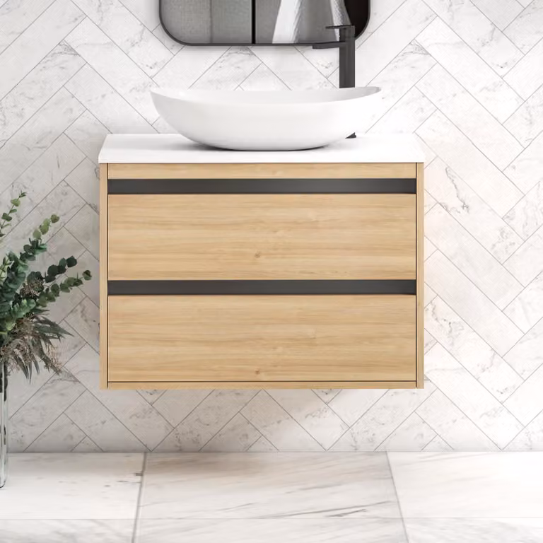 Royal Bathrooms Orion 800mm Wall Hung Vanity Unit in Natural Oak with Plain White Cesar Basin and Black Accent Trim