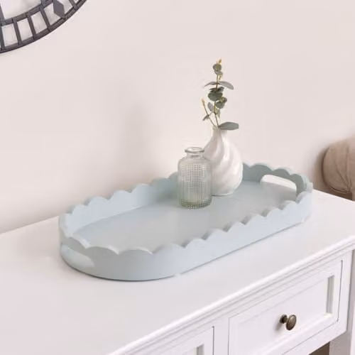 Melody Maison Blue Oval Scalloped Wood Tray with Handles - Length: 50 cm