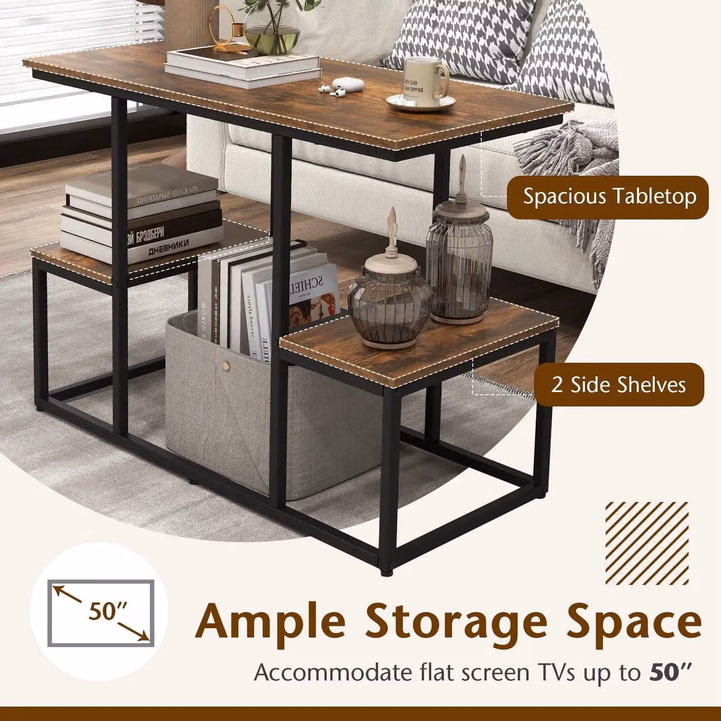 Costway Industrial Rustic TV Console Table for up to 50 Inch TVs in Brown and Black – 3