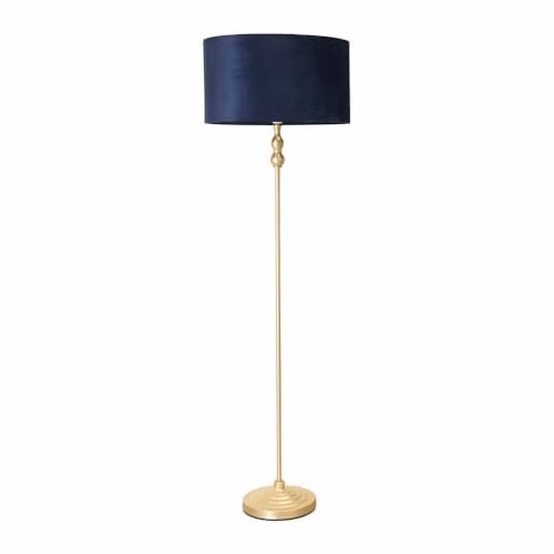 ValueLights Gold Metal Candlestick Floor Lamp with Navy Blue Velvet Drum Shade and LED Bulb – 1