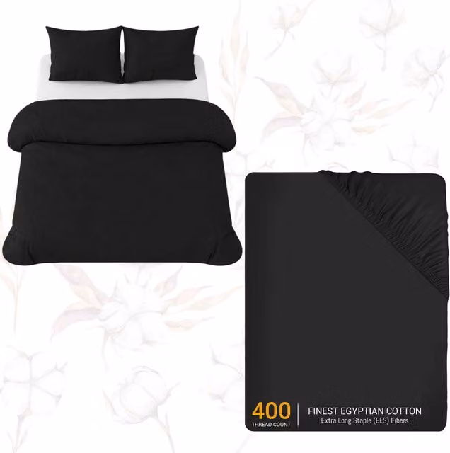 Pamposh 4 Piece Egyptian Cotton Double Duvet Set with Matching Fitted Sheet in Black, W/D/H: 200 x 200 x 140 cm – 1