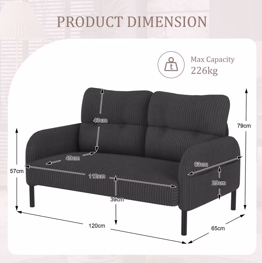 STILVORA Grey Corduroy Double Sofa with Side Pockets – 3