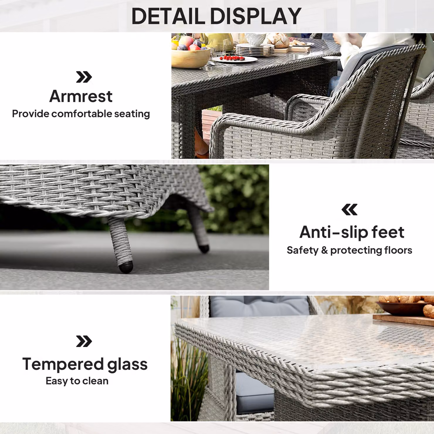 Outsunny 6 Seater Grey Rattan Garden Dining Set with Round Aluminium Table and Seat and Back Cushions – 6