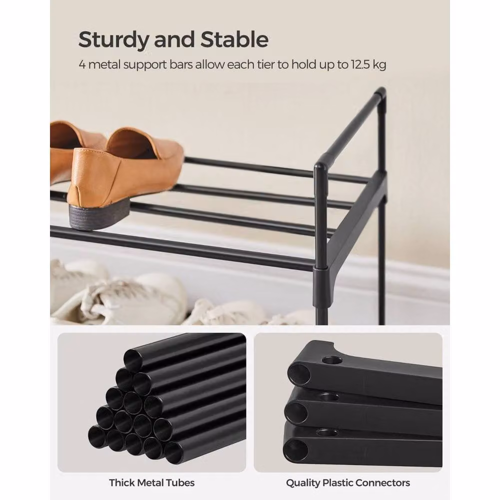 KORVIXA 3-Tier Black Metal Shoe Rack Organiser, W: 100 cm x D: 30 cm x H: 55 cm – 3