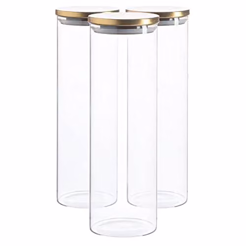 Argon Tableware Scandi Airtight Glass Storage Jars with Gold Metal Lids, 2 Litre, 3 Pack