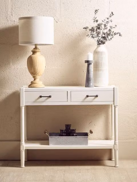 Orsina Two Drawer Pine Wood Console Table in White, W/D/H: 91 x 35 x 75 cm – 1