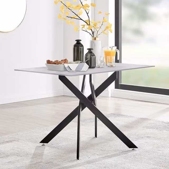 FurnitureboxUK Leonardo Rectangular Dining Table with Grey Marble Effect White Glass Top and Black X-Frame Legs, W: 120 cm