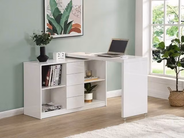 Vente-unique PAVELO Extendable Desk with 360 Degree Swivel Top in Lacquered White MDF, W/D/H: 120 x 76.5 x 75 cm