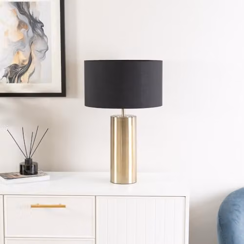 ValueLights Antique Brass Single Stem Touch Dimmer Table Lamp with Black Fabric Drum Shade – 2