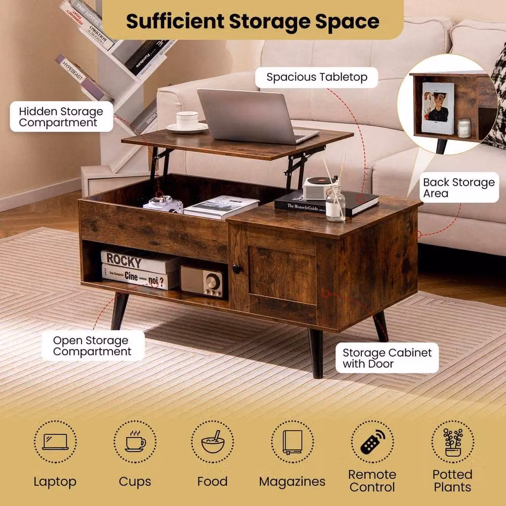 EONLION Brown Rectangular Wood Coffee Table with Lift Mechanism for your Living Room, Width: 100 cm – 4