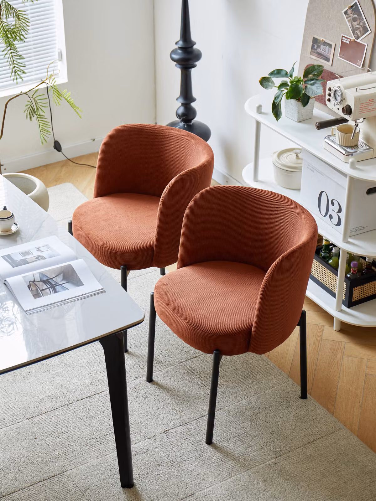 Nordlys Set of 2 Scandinavian Red Velvet and Metal Dining Room Chairs with Armrests – 2