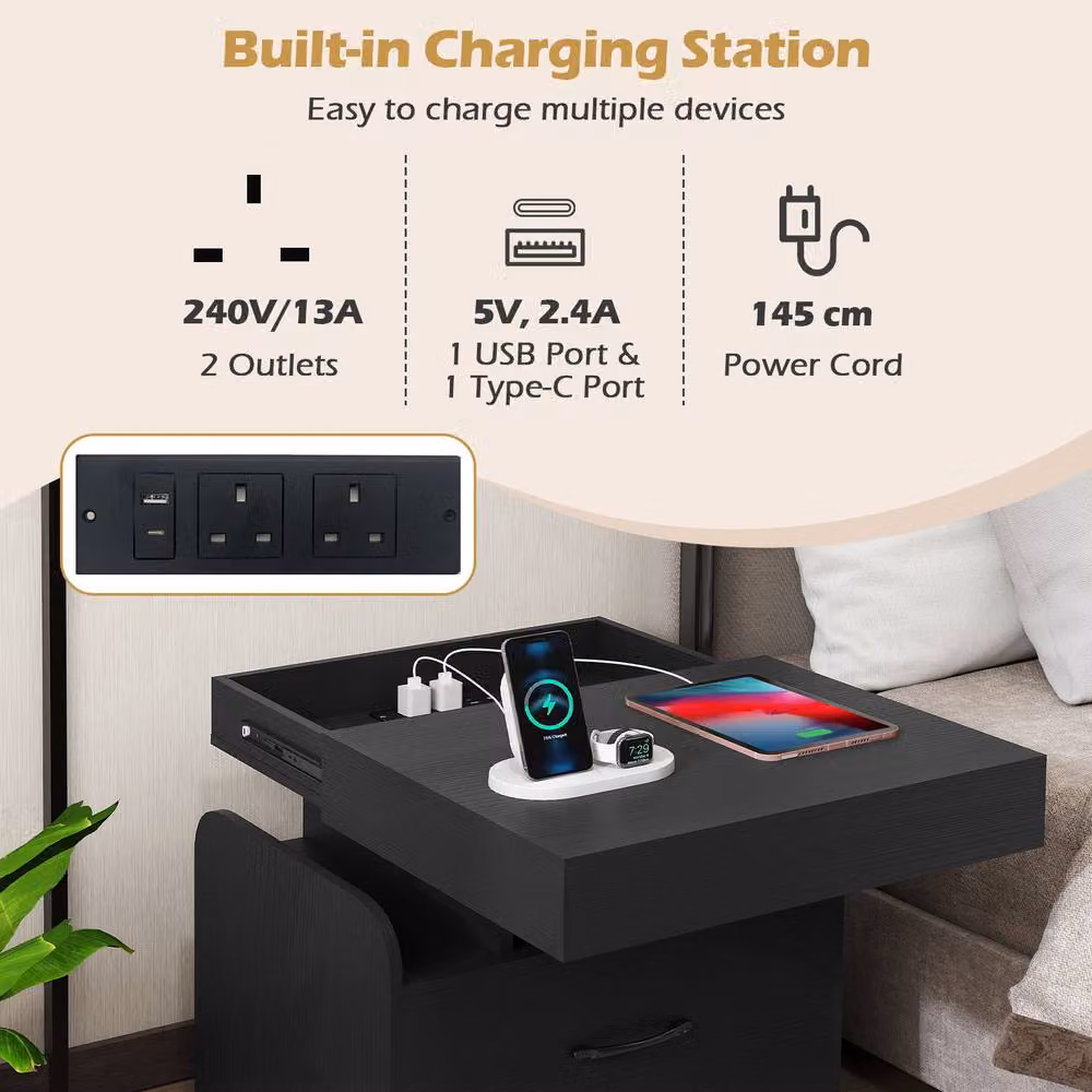 Costway Modern Wooden Nightstand with Drawer and Charging Outlets in Black – 7