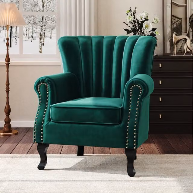 Komore Art Deco Green Velvet Armchair with Armrests