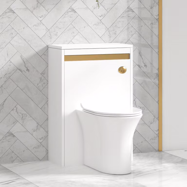 Royal Bathrooms Orion 540mm Matt White Back to Wall WC Unit with Breeze Rimless Toilet Pan, Slim Seat and Cistern with Brushed Brass Accent Trim