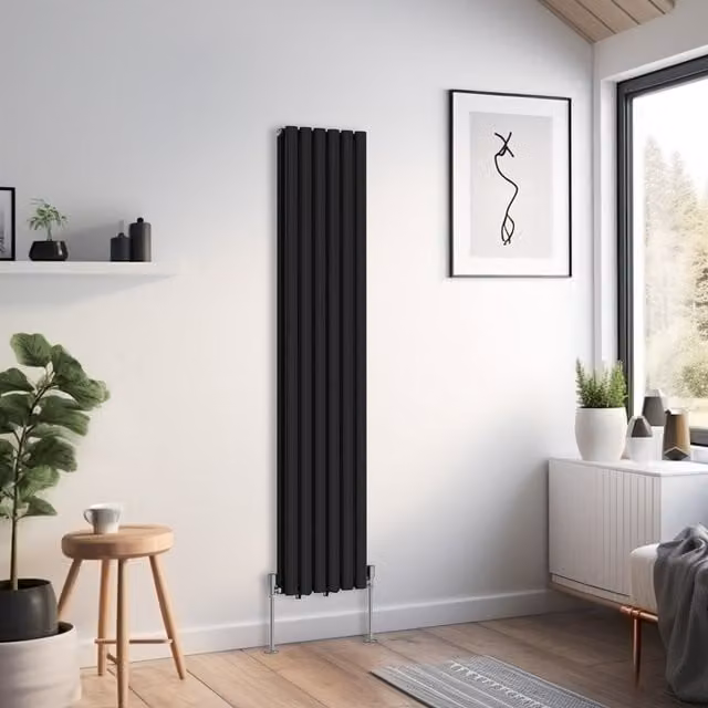Right Radiators Oval Double Panel Vertical Radiator in Black, Height: 160 cm, Width: 35.4 cm