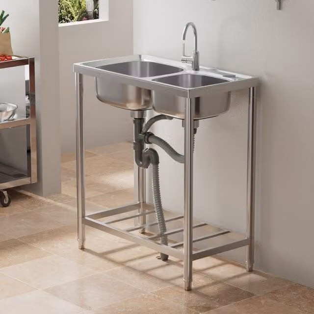 Livingandhome Freestanding Stainless Steel Double Sink with Two Different Sized Bowls in Silver