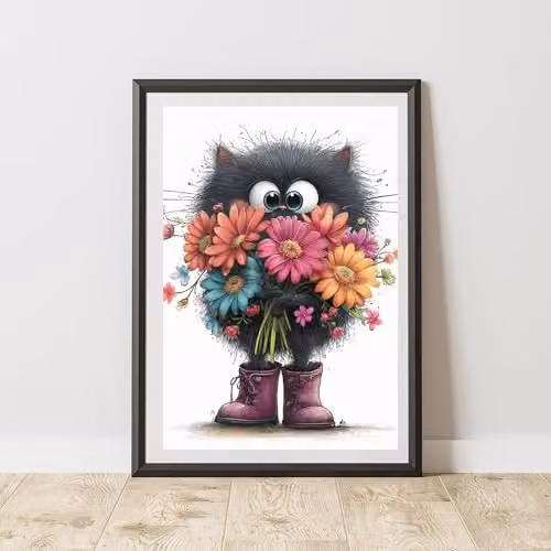 60 Second Makeover Quirky Cat With Flowers Illustration Wall Art Poster, Black and Multicolour, A3