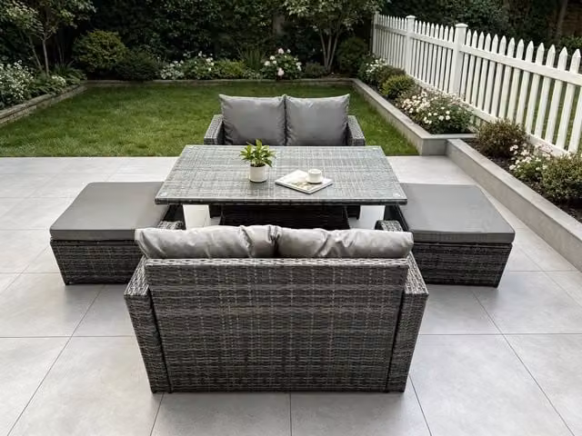 Fimous Dark Grey Outdoor Rattan Garden Dining Set with Height Adjustable Lifting Table and Love Sofa