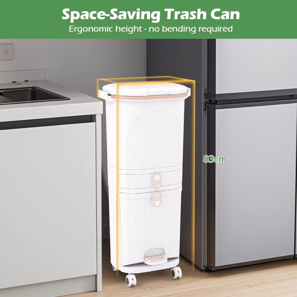 Gymax 42-litre White Kitchen Recycling Bin with 2 Detachable Buckets and Wheels – 3