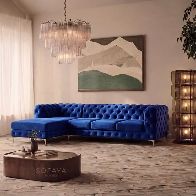Sofaya Monaco Chesterfield 4 Seater L-Shaped Sofa in Blue Velvet with Left Hand Chaise – 1
