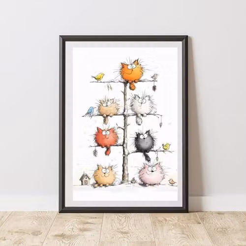 60 Second Makeover Cat and Birds on a Tree Illustration Poster, Black and Multicolour, A4