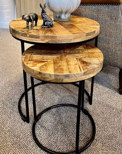 Elm Home And Garden Round Nest Of Two Tables with Mango Wood Tops and Black Metal Frame