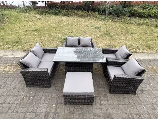 Fimous 7 Seater Rattan Outdoor Furniture Set in Dark Grey with Galvanised Steel and PE Rattan