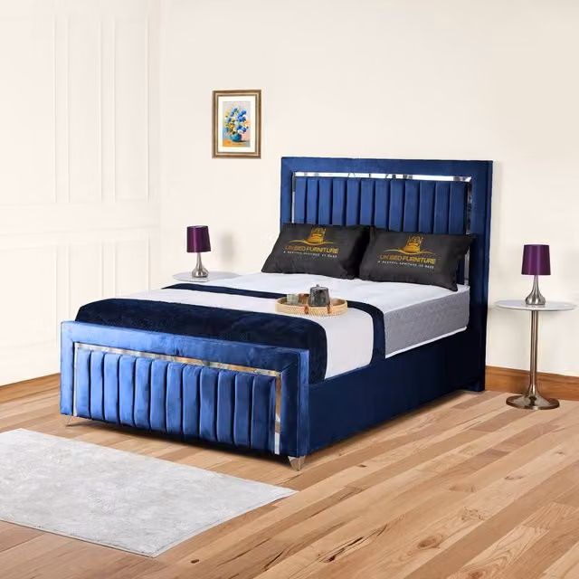 UK Bed Furniture Blue Velvet Upholstered Gas Lift Storage Bed with 48-inch Headboard, Size: Single (90x190 cm)