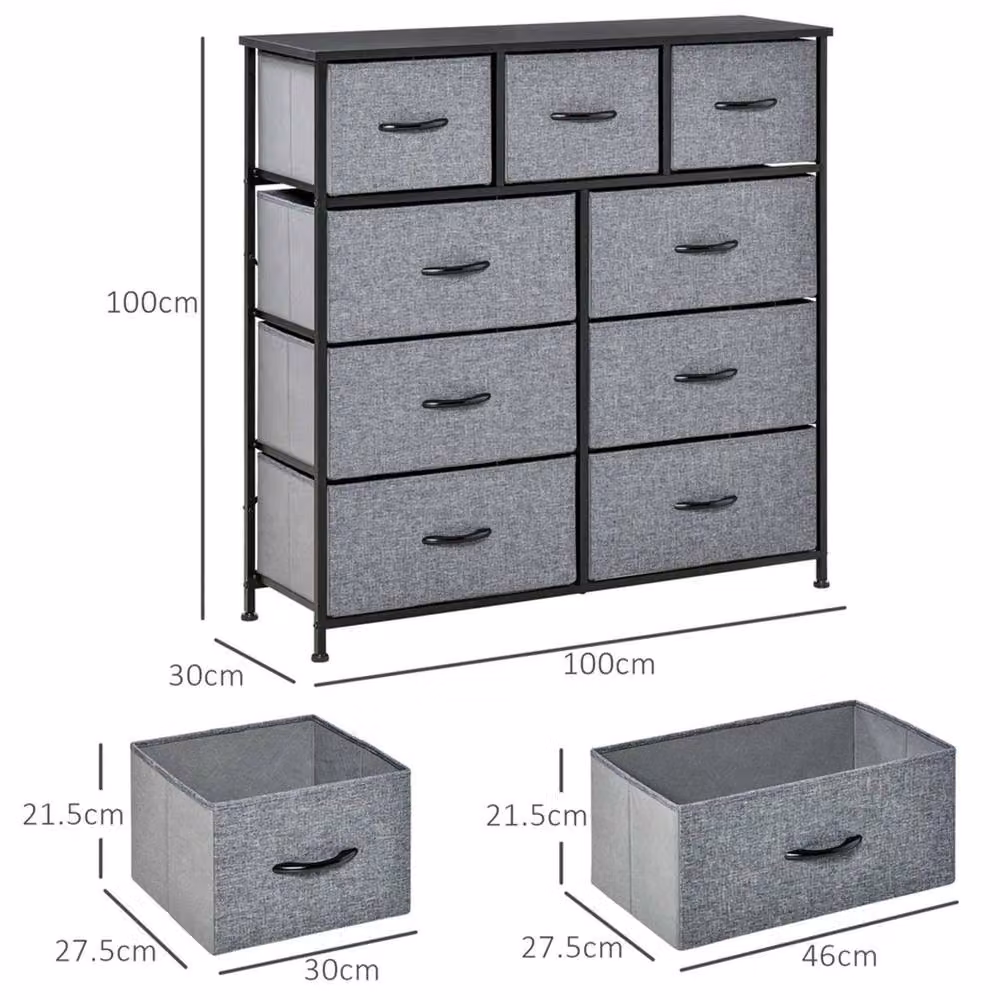 Nordara 9 Drawer Storage Chest Dresser with Foldable Fabric Bins in Grey – 2