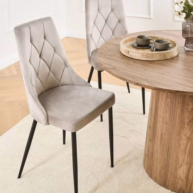 Wyld and Coco Set of 2 Taupe Velvet Tufted Armless Dining Chairs with Black Iron Legs in Beige