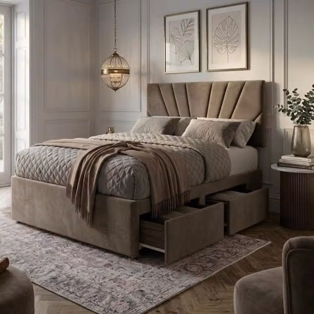 Bed Time UK Plush Velvet Divan Bed with 20 inch Sunrise Headboard, 2 Drawers and Mattress in Beige, Small Double, W/D/H: 120 x 200 cm