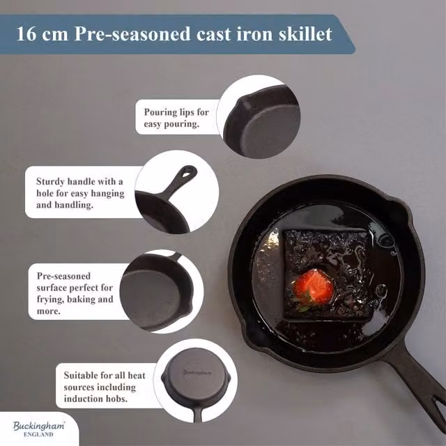Buckingham Pre-Seasoned Cast Iron Frying Pan, Black, 16.5 cm