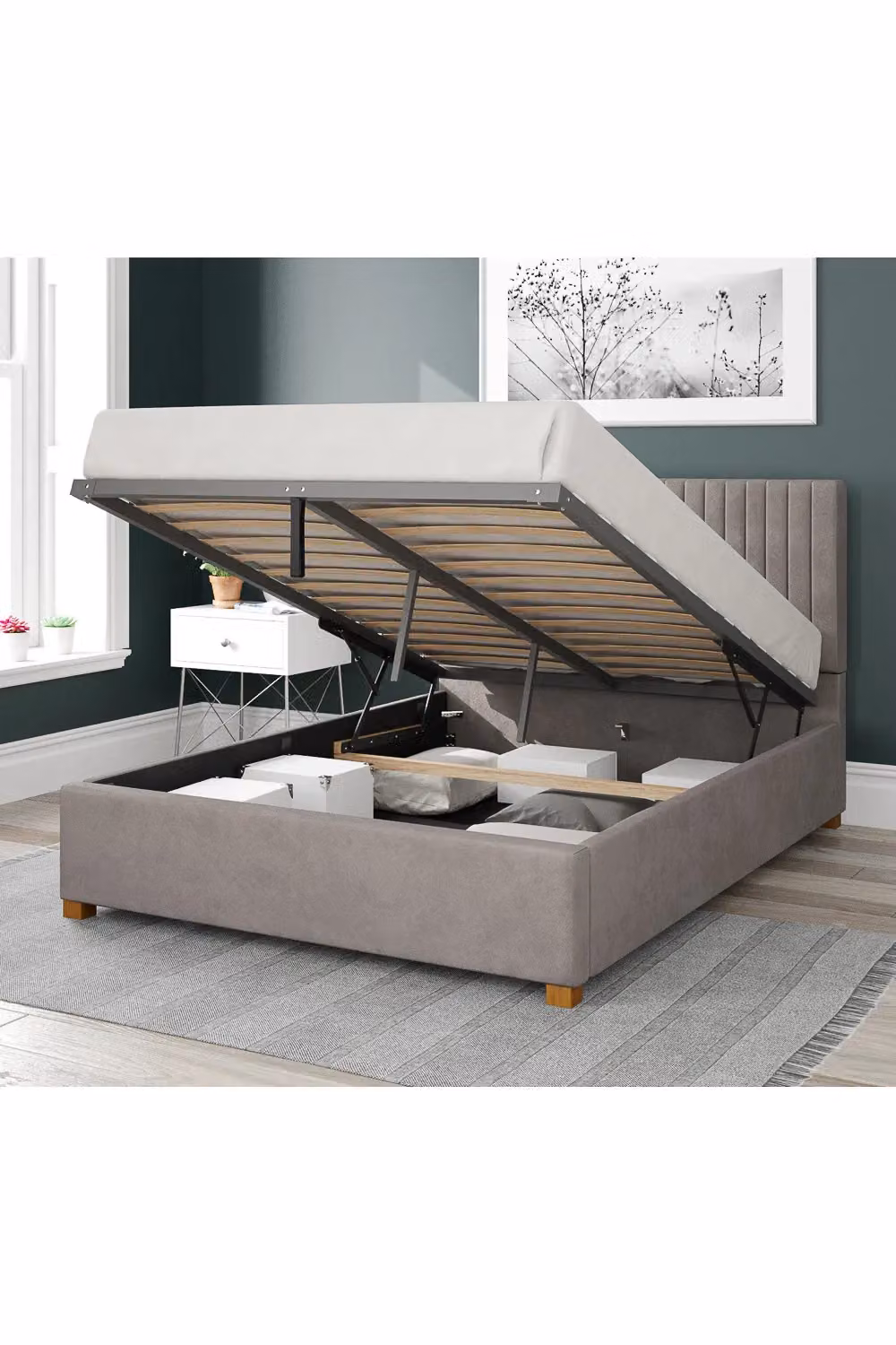 Aspire Grant Upholstered Ottoman Storage Bed in Silver Grey Plush Velvet, W/D/H: 200 x 165 x 35 cm – 1