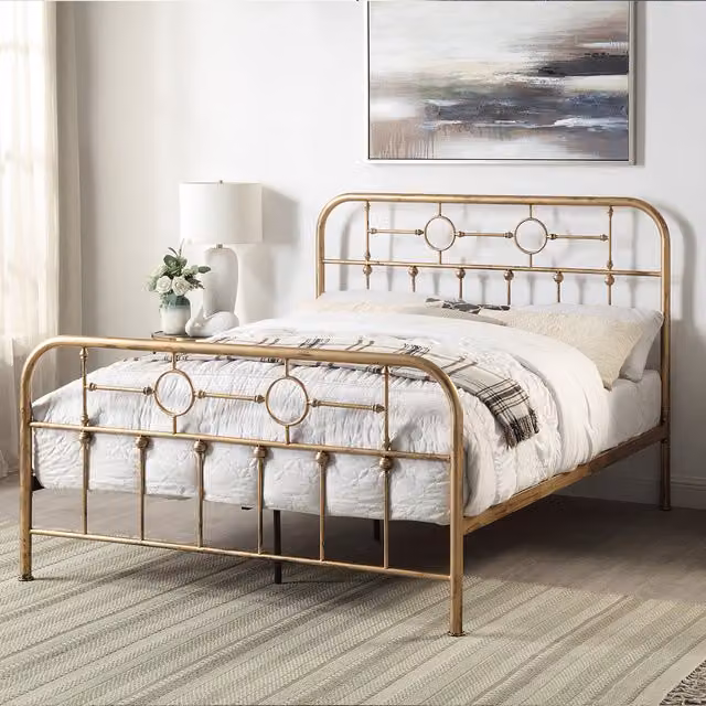 Ware Victorian Industrial Design Metal Bed Frame in Gold, 140 x 200 cm