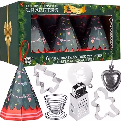KreativeKraft Tree Shaped Christmas Crackers, Pack of 6, Green and Multicolour Party Decor