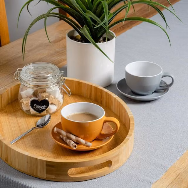 Argon Tableware 12-Piece Porcelain Cappuccino Cup and Saucer Set in Grey and Yellow, 250ml