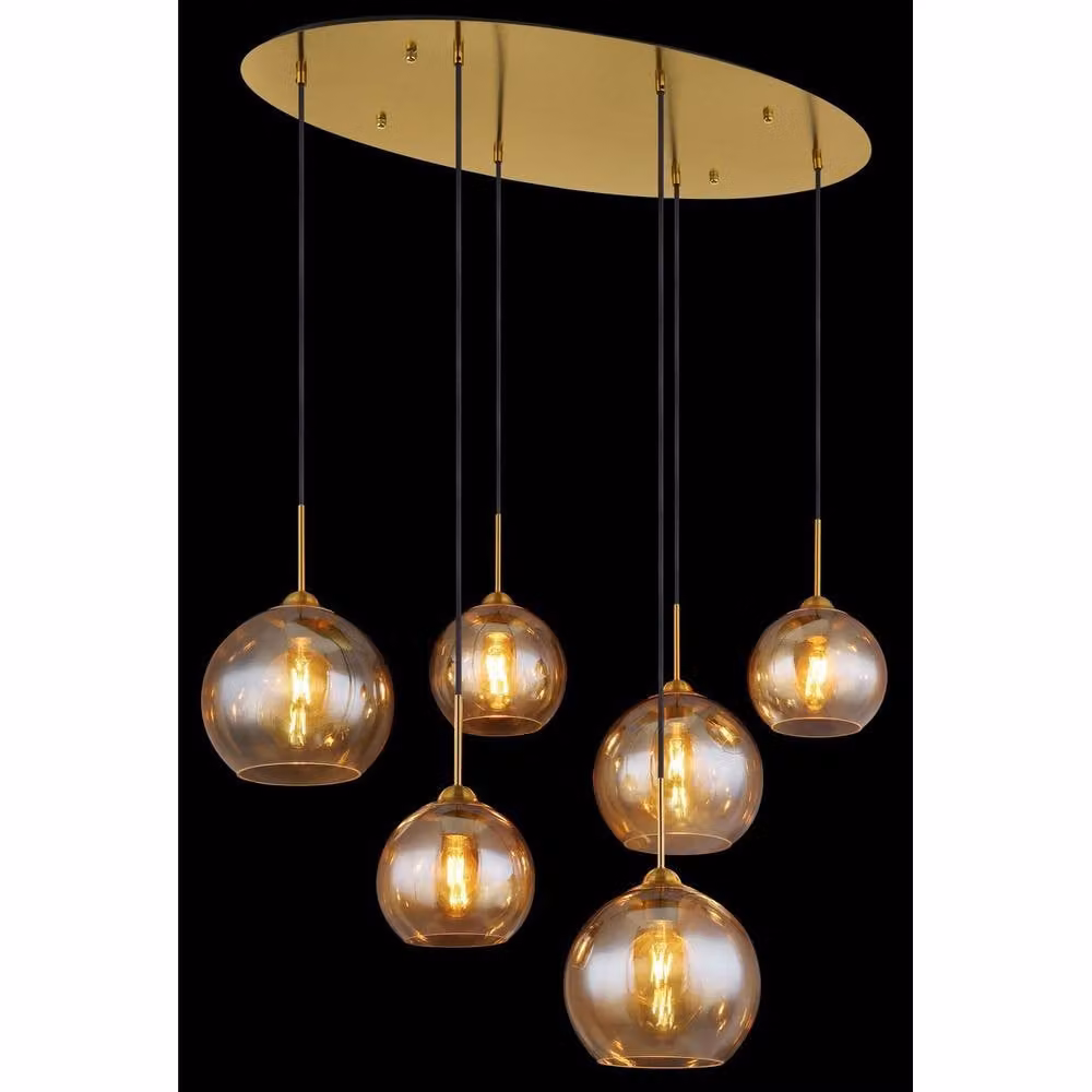 Netlighting Jamessa Cluster Pendant Light with Amber Glass Shades and Brass Finish, 6x E27 – 2