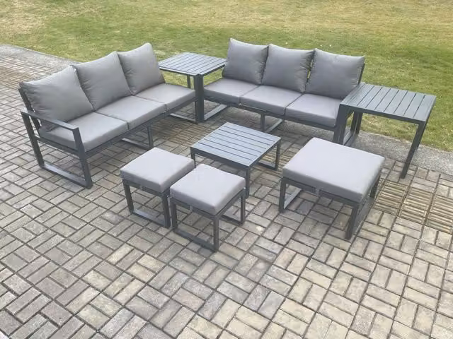 Fimous 9 Seater Outdoor Garden Furniture Lounge Sofa Set with Square Coffee Table, 3 Footstools and 2 Side Tables in Dark Grey Powder Coated Aluminium