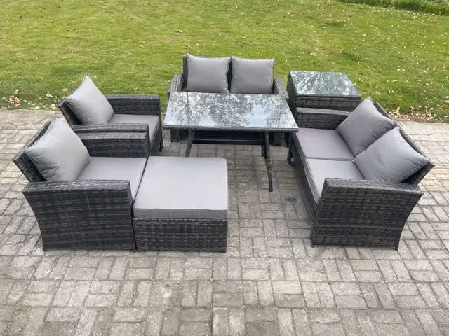 Fimous 7 Seater Rattan Garden Furniture Set with Rectangular Dining Table and Love Seat Sofa in Dark Grey