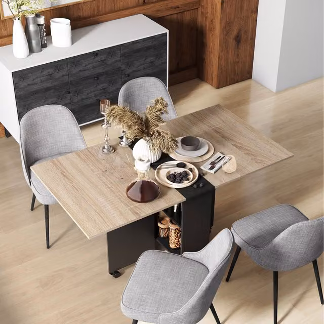 HOMCOM Modern Oak and Black Extendable Drop Leaf Kitchen Dining Table with Castors