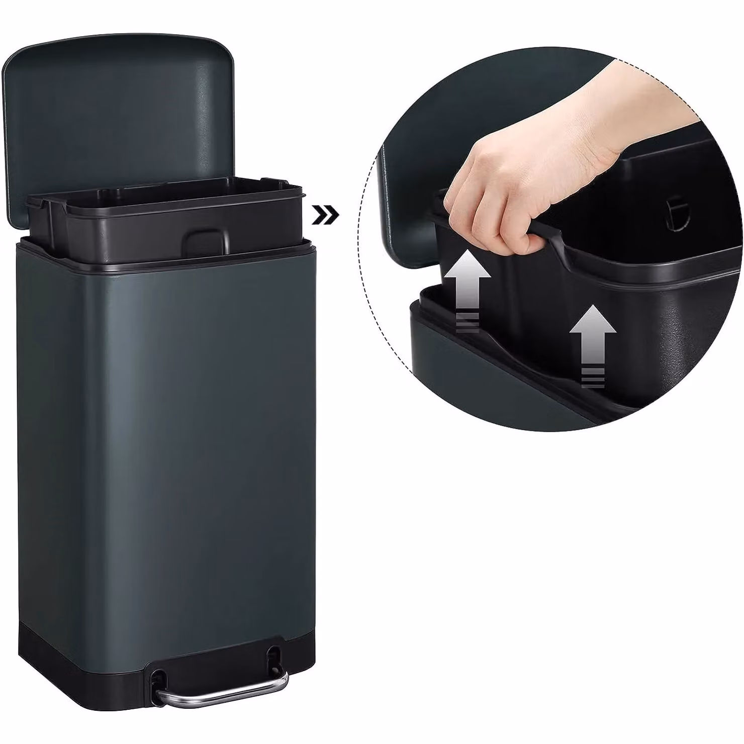 SONGMICS Medium Steel Kitchen Pedal Bin with Soft-Close Lid and Removable Inner Bucket in Anthracite Grey, W/D/H: 30.0 x 34.5 x 42.0 cm – 4