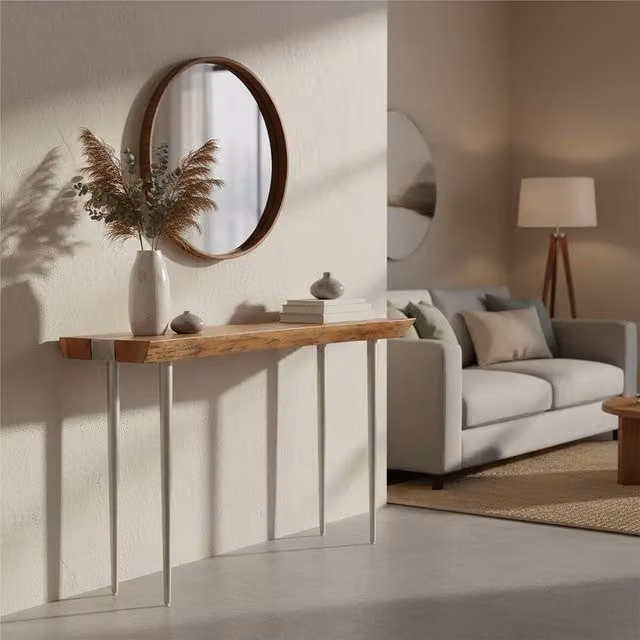 Orsina Rustic Acacia Wood Console Table with Silver Metal Legs, Rectangular Live Edge Hallway Table, W/D/H: 124 x 33 x 76 cm – 1