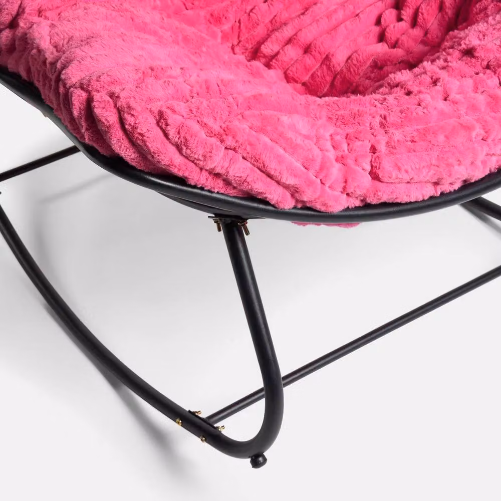 OHS Ribbed Faux Fur Rocking Chair with Metal Frame in Bright Pink – 5