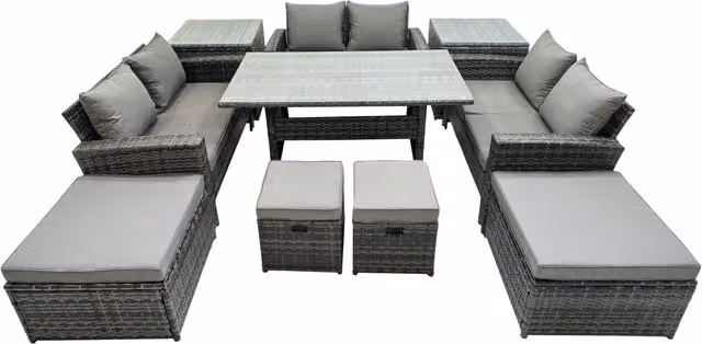 Fimous 10 Seater Outdoor Dining Set with Table, Double Seat Sofa, 2 Side Tables and 4 Stools in Dark Grey – 1