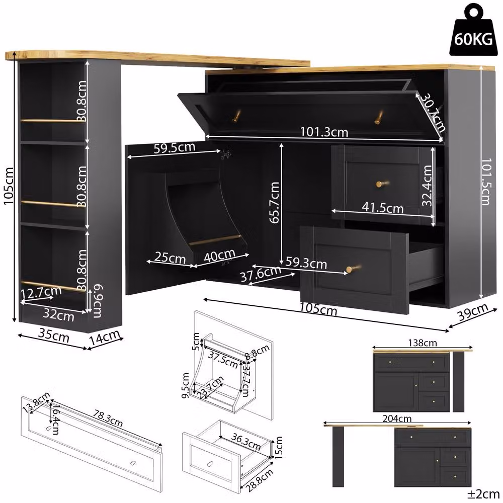 BTM Extendable Bar Table with Storage and Snack Shelf in Black, W/D/H: 105.0 x 39.0 x 138.0 cm – 2
