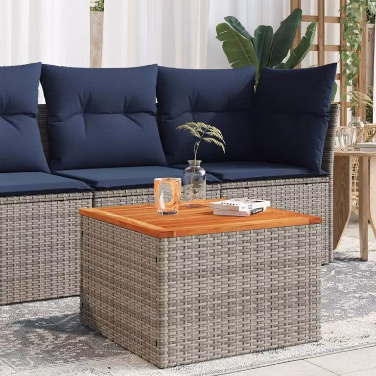 Berkfield Home Grey Poly Rattan and Acacia Wood Garden Table, W/D/H: 55 x 55 x 37 cm
