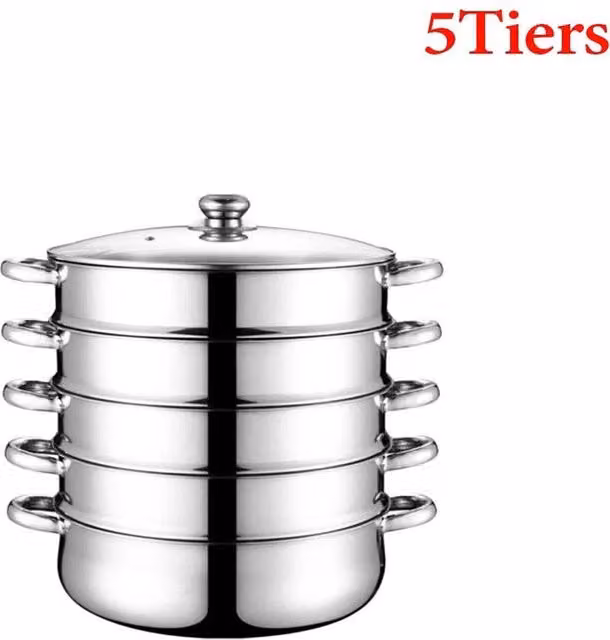 Kelvenix 5 Tier Stainless Steel Steamer Pot with Glass Lid in Silver – 1