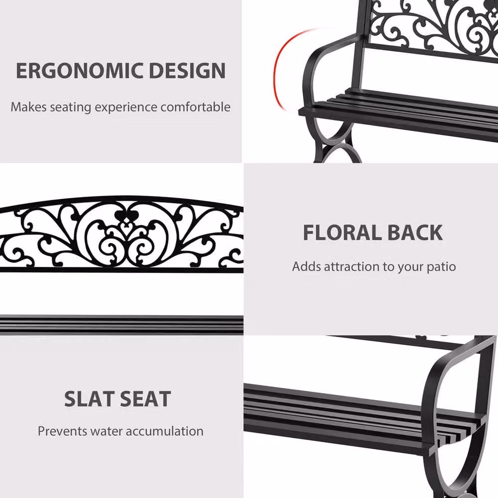 NESTLUNE 2 Seater Vintage Metal Garden Bench in Black, W/D/H: 100 x 100 x 100 cm – 6